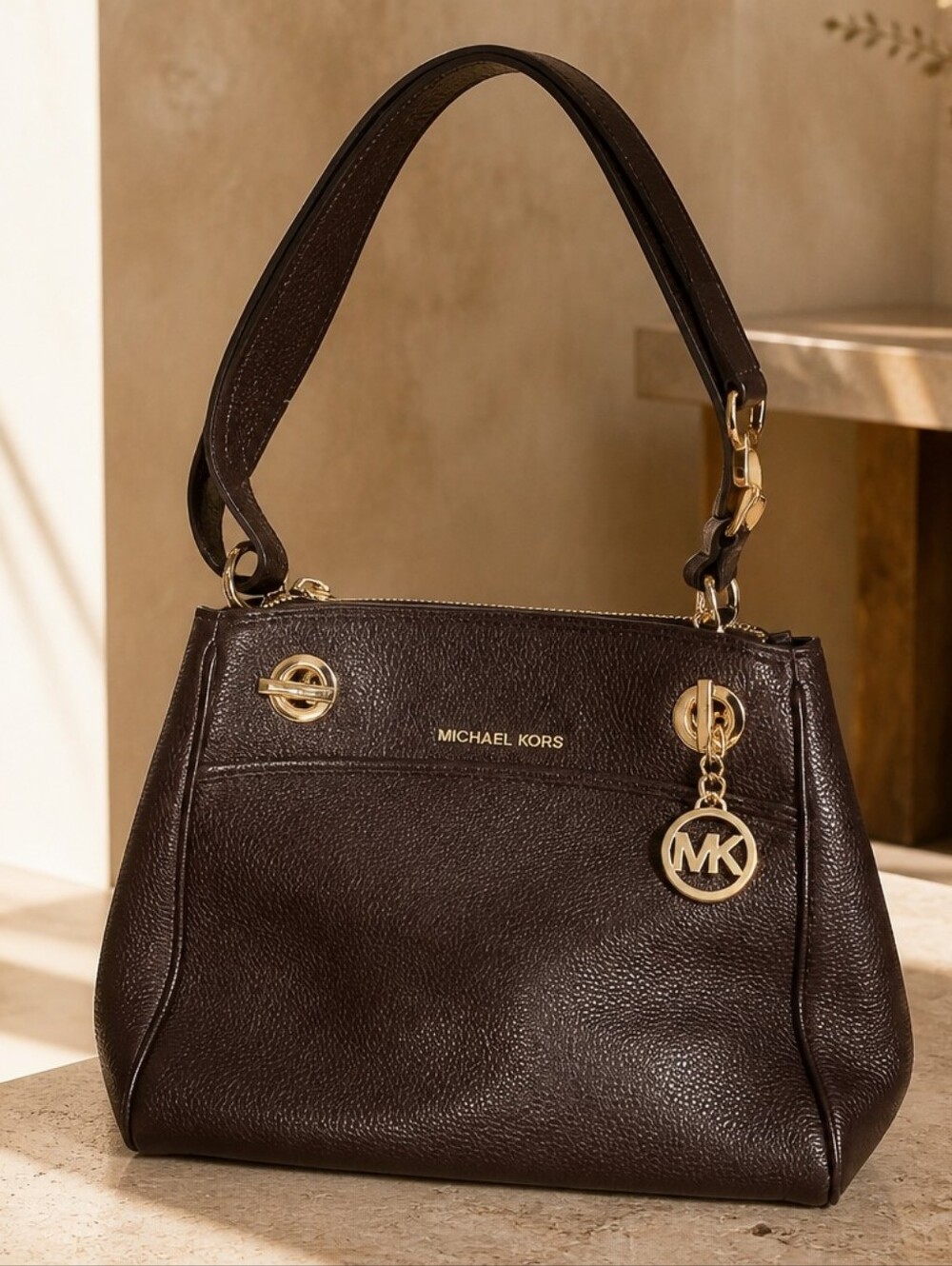 Michael Kors Pebbled Leather Shoulder Bag - Brown with Gold Hardware
